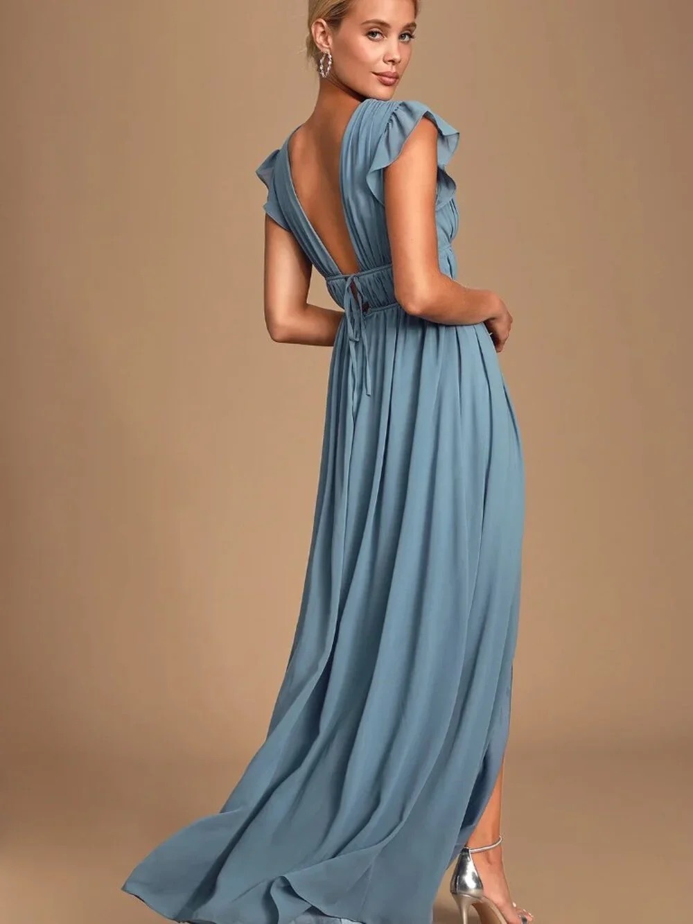 Lulus I'm All Yours Slate Blue Ruffled Maxi Dress S autumn wedding homecoming - Picture 14 of 15